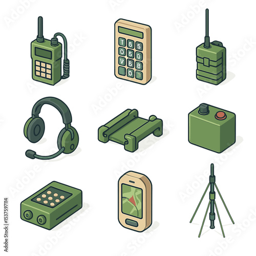 Military Radio Gear Icons. Isometric Flat icon set of military radio gear: tactical radio, encrypted keypad, manpack antenna, boom