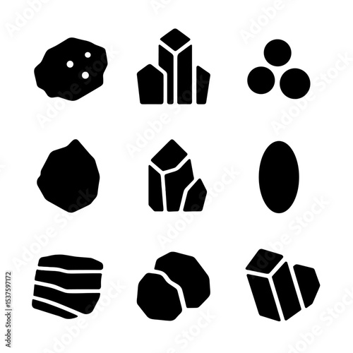 Mineral Icons Grid. Solid, Filled icon set of mineral types: lithium, cobalt, rare earth element, tantalum, platinum, graphite,