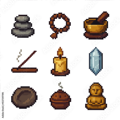 Mindfulness Pixel Tools. Pixel art icon set of mindfulness focus tools: meditation stone, mala beads, singing bowl, incense stick,