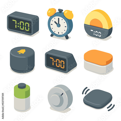 Morning Alarm Icons. Isometric Flat icon set of morning alarm clocks: digital alarm clock, analog bell clock, sunrise alarm clock,