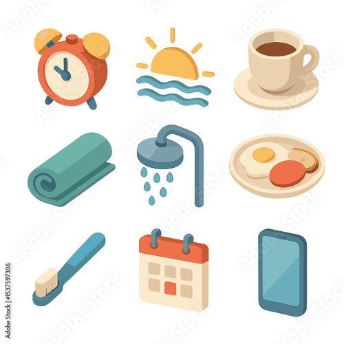 Morning Routine Icons. Isometric Flat icon set of morning routine essentials: alarm clock, sunrise, coffee cup, yoga mat,