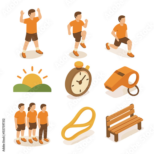 Morning Exercise Icon Set. Isometric Flat icon set of dynamic warm-up exercises at sunrise: jumping jacks, high knees, lunges, sun