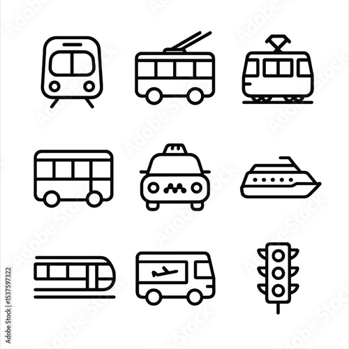 Moscow Transport Icons. Outline icon set of Moscow transport network: metro train, trolleybus, tram car, city bus, taxi cab, river