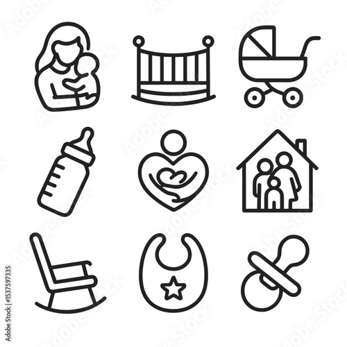 Motherhood Icon Set. Outline icon set of motherhood and family: mother and child, cradle, stroller, baby bottle, heart embrace,
