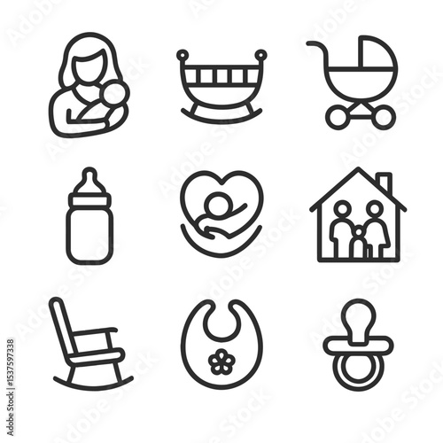 Motherhood Icon Set. Outline icon set of motherhood and family: mother and child, cradle, stroller, baby bottle, heart embrace,