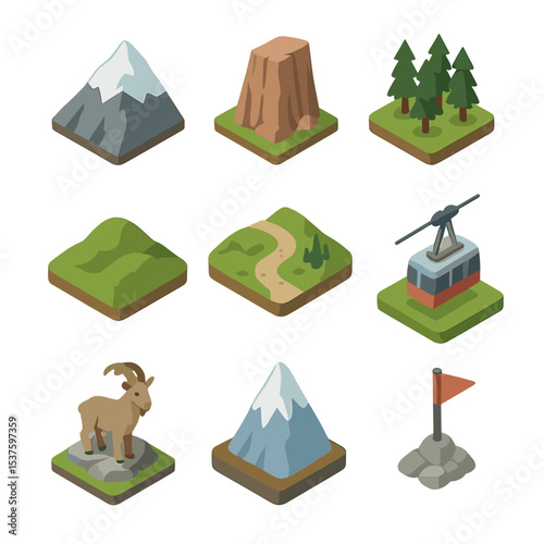 Mountain Icon Set. Isometric Flat icon set of mountain landscapes: snow-capped peak, rocky cliff, pine forest, alpine meadow,