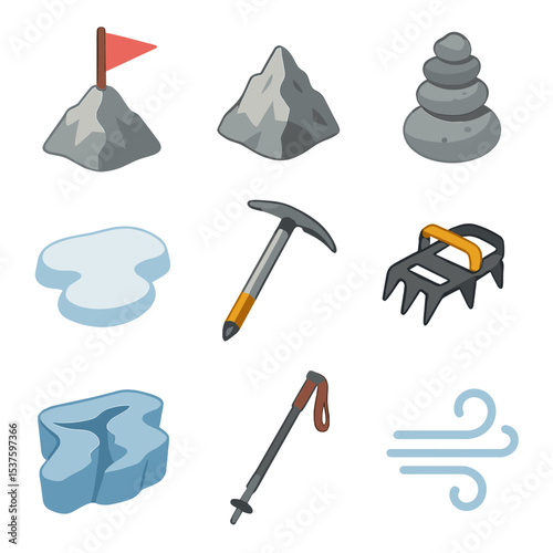 Mountain Hiking Icons. Isometric Flat icon set of mountain summit hike: summit flag, rocky peak, cairn stack, snowfield patch, ice