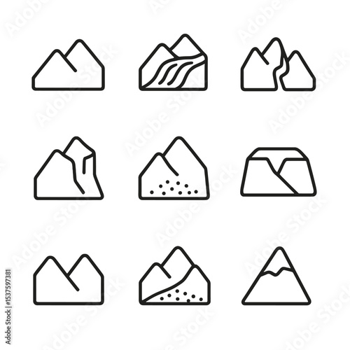 Mountain Terrain Icons. Outline icon set of mountain terrain features: ridge, glacier, crevasse, cliff, scree, plateau, valley,