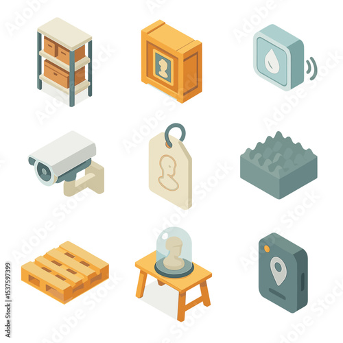 Museum Storage Icons. Isometric Flat icon set of museum artifact storage chart: archival shelf, protective crate, humidity sensor,