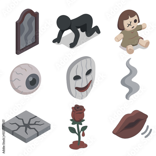 Nightmare Icon Set. Isometric Flat icon set of nightmarish dream elements: distorted mirror, crawling shadow, broken doll,