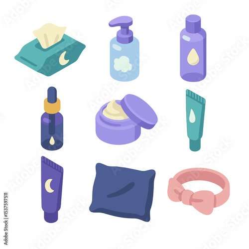 Nighttime Skincare Icons. Isometric Flat icon set of nighttime skincare after makeup removal: cleansing wipes pack, facial