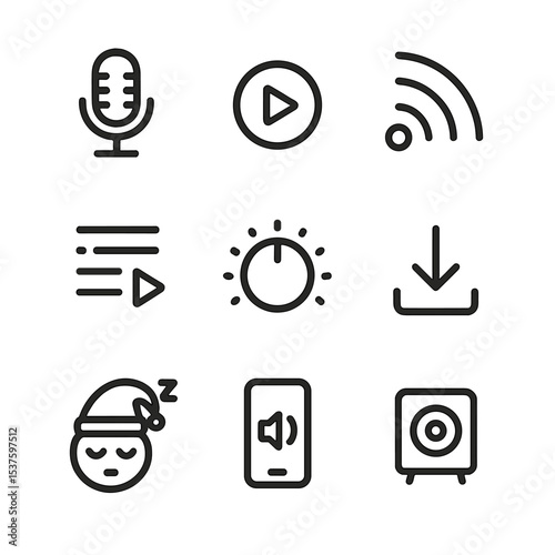 Nighttime Audio Icons. Outline icon set of nighttime audio streaming: podcast microphone, play button, RSS feed icon, playlist,