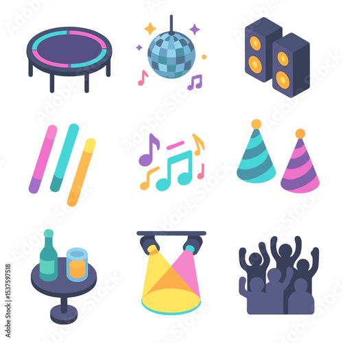 Nighttime Trampoline Party Icons. Isometric Flat icon set of nighttime trampoline party: LED-lit trampoline, disco ball, speakers,