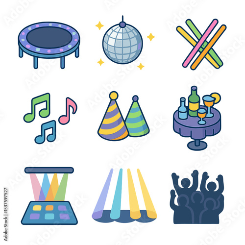 Nighttime Trampoline Party Icons. Isometric Flat icon set of nighttime trampoline party: LED-lit trampoline, disco ball, speakers,