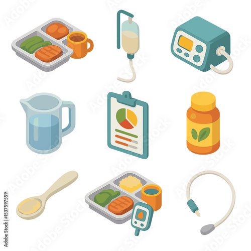 Nutrition Support Icons. Isometric Flat icon set of nutrition and feeding support: meal tray, feeding tube, enteral pump, water