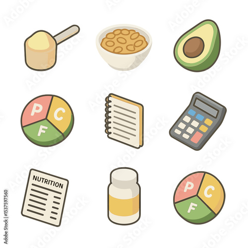 Nutritional Macros Icons. Isometric Flat icon set of nutritional macros counting: protein scoop, carb grain bowl, fat avocado half