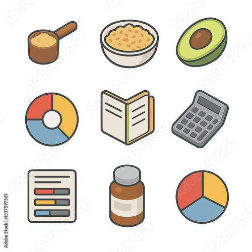 Nutritional Macros Icons. Isometric Flat icon set of nutritional macros counting: protein scoop, carb grain bowl, fat avocado half