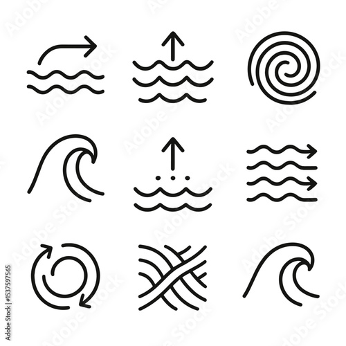 Ocean Currents Icons. Outline icon set of ocean currents and waves: Gulf Stream, rip current, whirlpool, tidal wave, upwelling