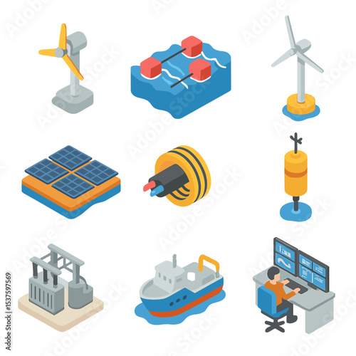 Ocean Energy Icons. Isometric Flat icon set of ocean renewable energy solutions: tidal turbine, wave energy converter, offshore