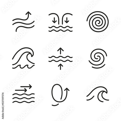 Ocean Currents Icons. Outline icon set of ocean currents and waves: Gulf Stream, rip current, whirlpool, tidal wave, upwelling