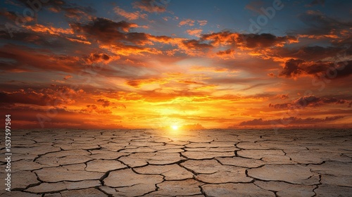 Fiery Sunset Over Desolate Cracked Earth