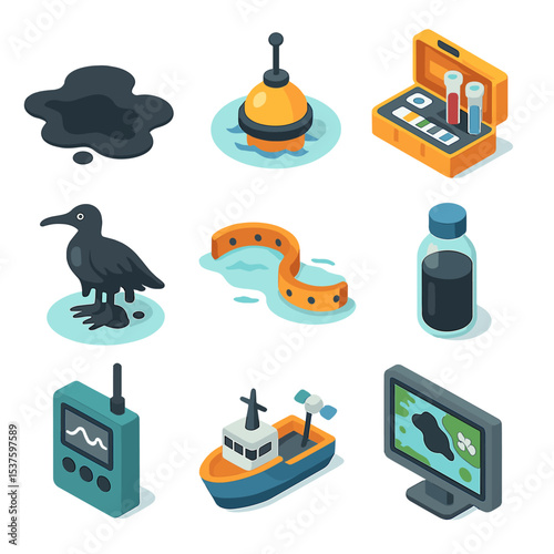 Ocean Pollution Icons. Isometric Flat icon set of ocean pollution monitoring: oil spill patch, sensor buoy, chemical testing kit,