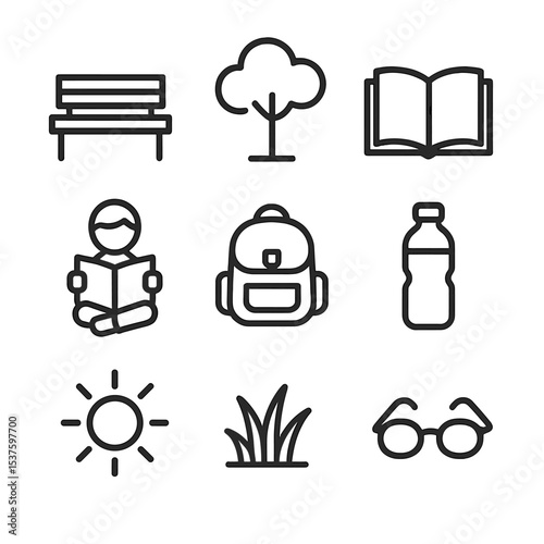 Outdoor Reading Icon Set. Outline icon set of outdoor reading break: park bench, tree canopy, open book, reading child, backpack,