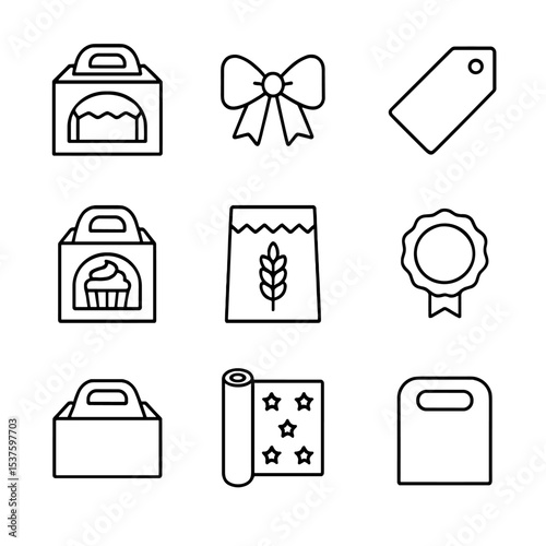 Packaging Icon Set. Outline icon set of packaging and gifting: cake box, ribbon bow, gift tag, cupcake box, bakery bag, sticker