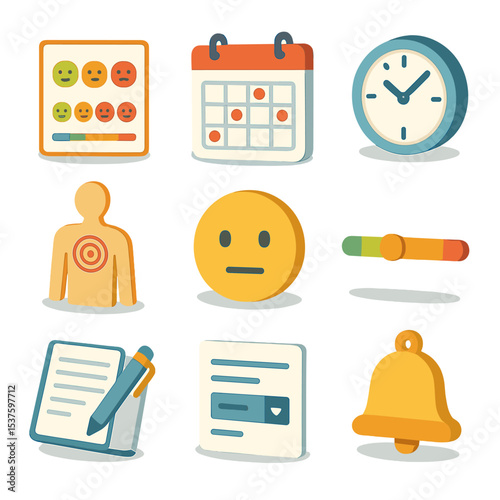 Pain Logging Icons. Isometric Flat icon set of daily pain logging: pain scale chart, calendar with pain entries, clock for pain