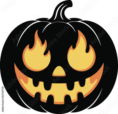 Spooky black halloween pumpkin with glowing eyes and a carved grinning jack o lantern face