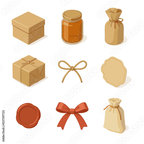 Packaging Icon Set. Isometric Flat icon set of packaging and labeling: kraft box, glass jar, burlap wrap, brown paper wrap, twine