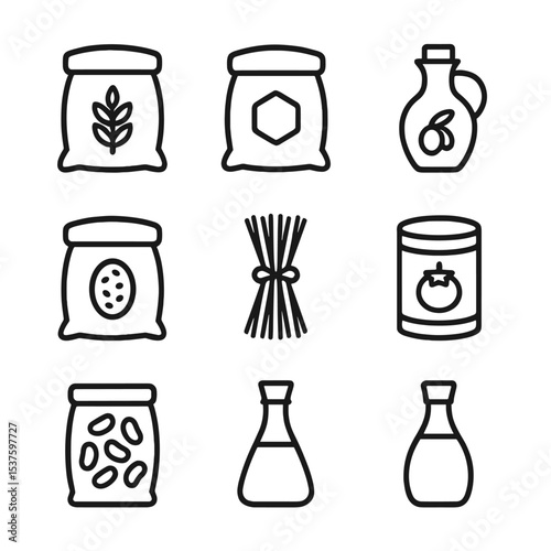 Pantry Essentials Icon Set. Outline icon set of pantry staples and ingredients: flour bag, sugar sack, olive oil bottle, rice sack
