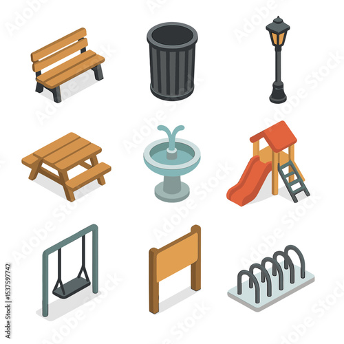 Park Facility Icons. Isometric Flat icon set of park recreational facilities: bench, trash can, lamp post, picnic table, water