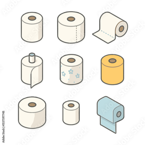 Paper Towel Icon Set. Isometric Flat icon set of paper towel roll types: standard roll, mega roll, perforated sheet, center-pull