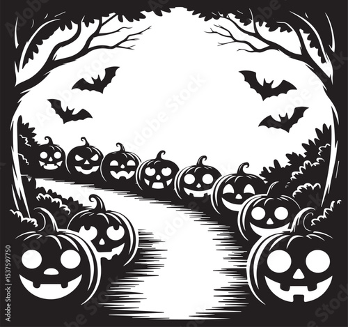 Spooky forest scene with jack o lanterns bats and trees silhouetted for halloween