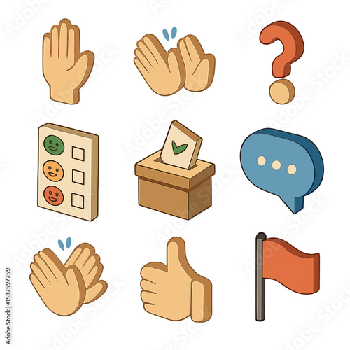 Participant Interaction Icons. Isometric Flat icon set of participant interactions: hand raise, applause, question mark, feedback