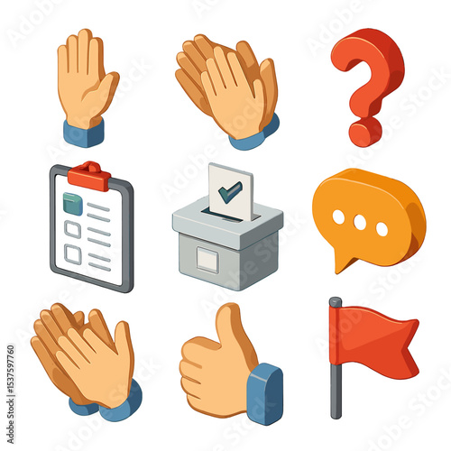 Participant Interaction Icons. Isometric Flat icon set of participant interactions: hand raise, applause, question mark, feedback