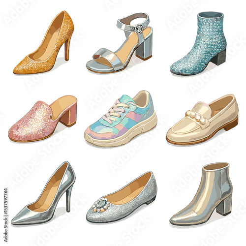 Party Shoes Icon Set. Isometric Flat icon set of party footwear: glitter stiletto, metallic sandal, rhinestone boot, sequin mule,
