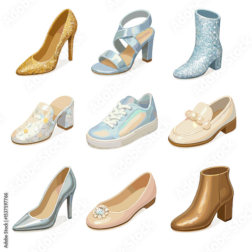 Party Shoes Icon Set. Isometric Flat icon set of party footwear: glitter stiletto, metallic sandal, rhinestone boot, sequin mule,