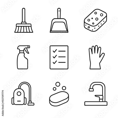 Passover Cleaning Icons. Outline icon set of Passover cleaning: broom, dustpan, sponge, spray bottle, checklist, rubber glove,