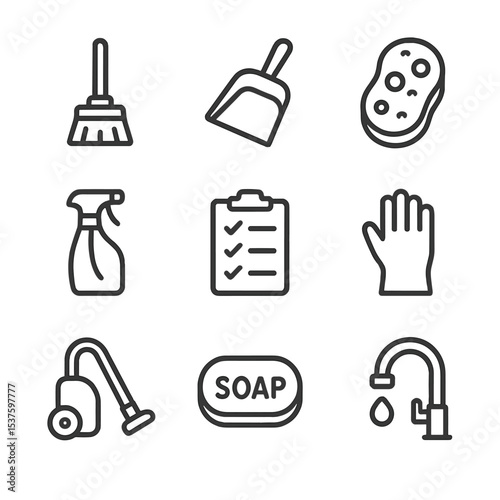 Passover Cleaning Icons. Outline icon set of Passover cleaning: broom, dustpan, sponge, spray bottle, checklist, rubber glove,