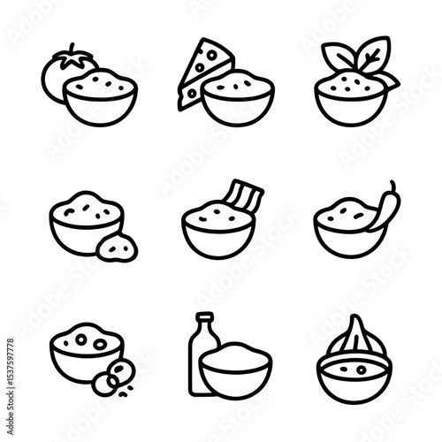 Pasta Sauce Icons. Outline icon set of pasta sauces selection: marinara, Alfredo, pesto, Bolognese, carbonara, arrabbiata,