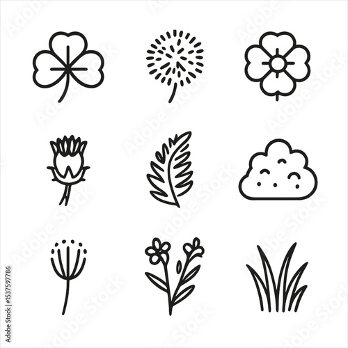 Pasture Flora Icons. Outline icon set of pasture flora: clover leaf, dandelion puff, buttercup bloom, thistle flower, fern frond,