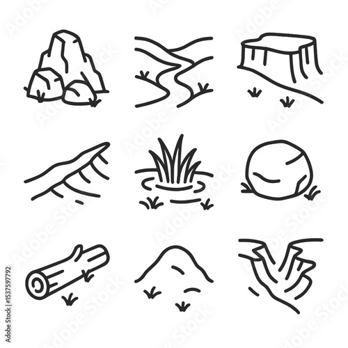 Pasture Terrain Icons. Outline icon set of pasture terrain features: rock outcrop, valley contour, plateau edge, ridge line, marsh