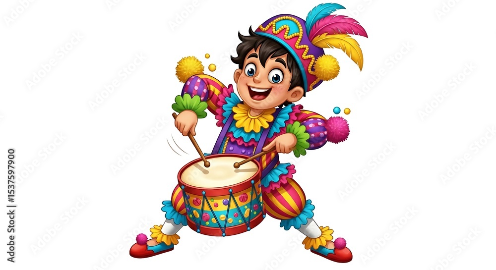 Fototapeta premium Cartoon boy playing a drum energetically in colorful carnival costume. Rhythmic and festive character on white background.