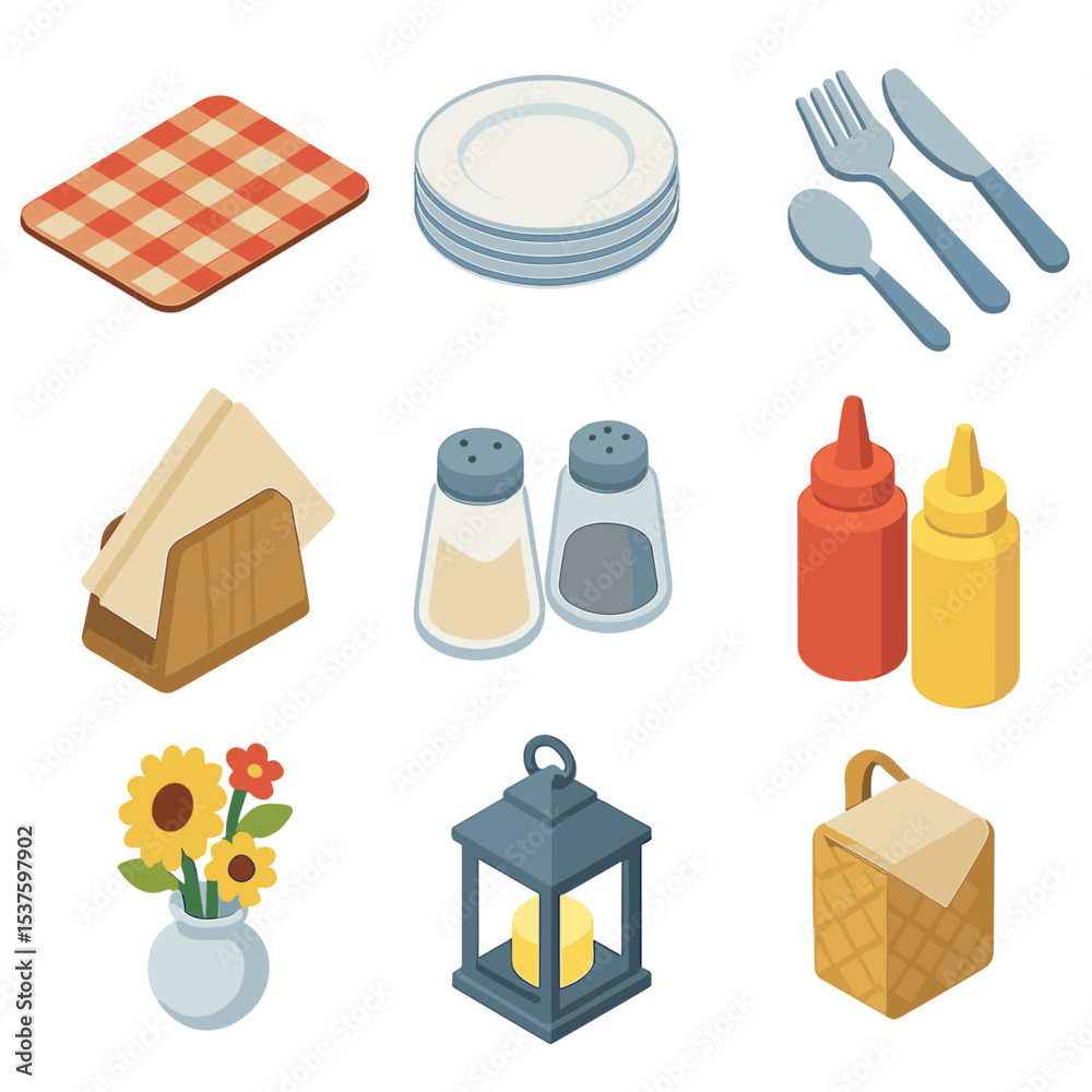 Obraz premium Picnic Icon Set. Isometric Flat icon set of picnic table setting: placemat, plate stack, cutlery set, napkin holder, salt shaker,