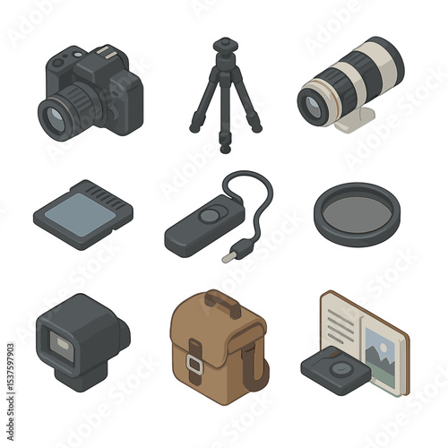 Photography Gear Icons. Isometric Flat icon set of photography hike: DSLR camera, tripod, telephoto lens, camera bag, memory card,