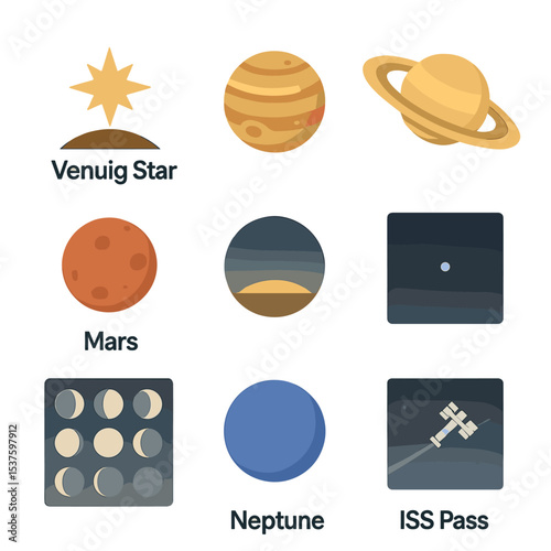 Planets Icon Set. Isometric Flat icon set of planetary observation south: Venus evening star, Jupiter stripes, Saturn rings, Mars