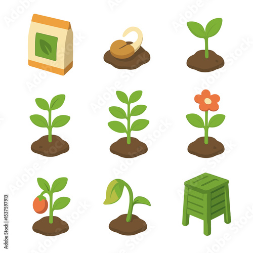 Plant Growth Icons. Isometric Flat icon set of plant growth stages: seed packet, germinating seed, seedling sprout, young plant,