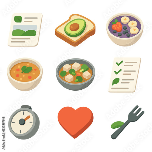 Plant Recipe Icons. Isometric Flat icon set of plant-based recipe app: recipe card, avocado toast, smoothie bowl, lentil soup,